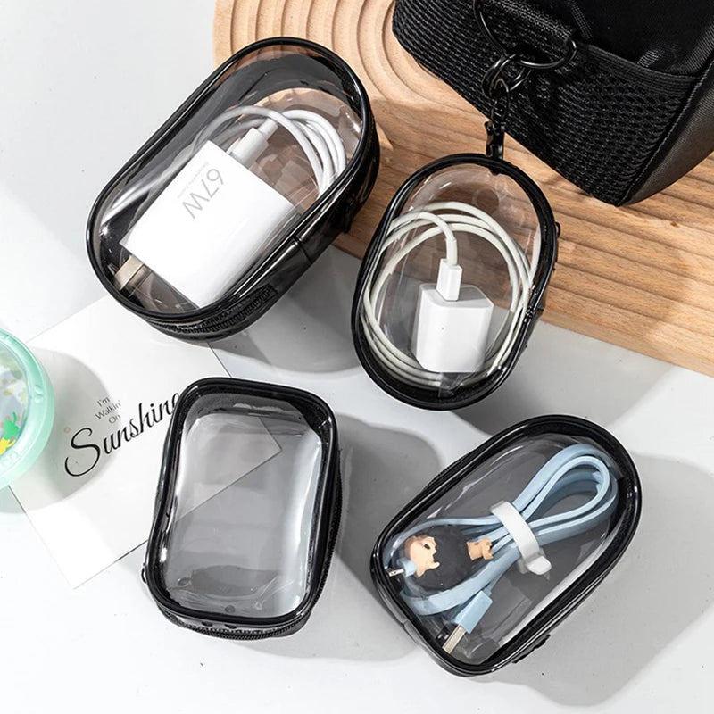 Portable Mini Transparent Storage Bag with Zipper, Multifunctional Headphone and Charger Case, Travel Accessories with Keychain